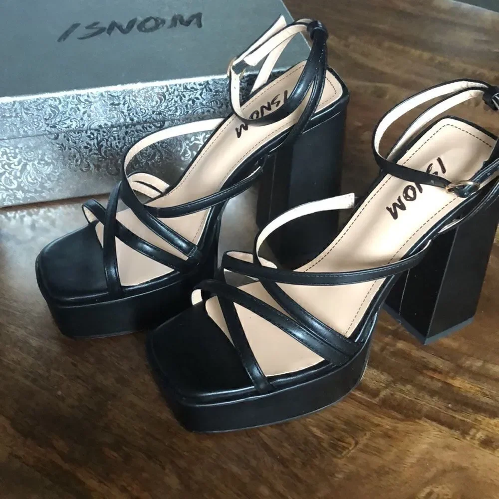 ISNOM Platform Chunky Block Heel Sandals with Open Square Toe size 7